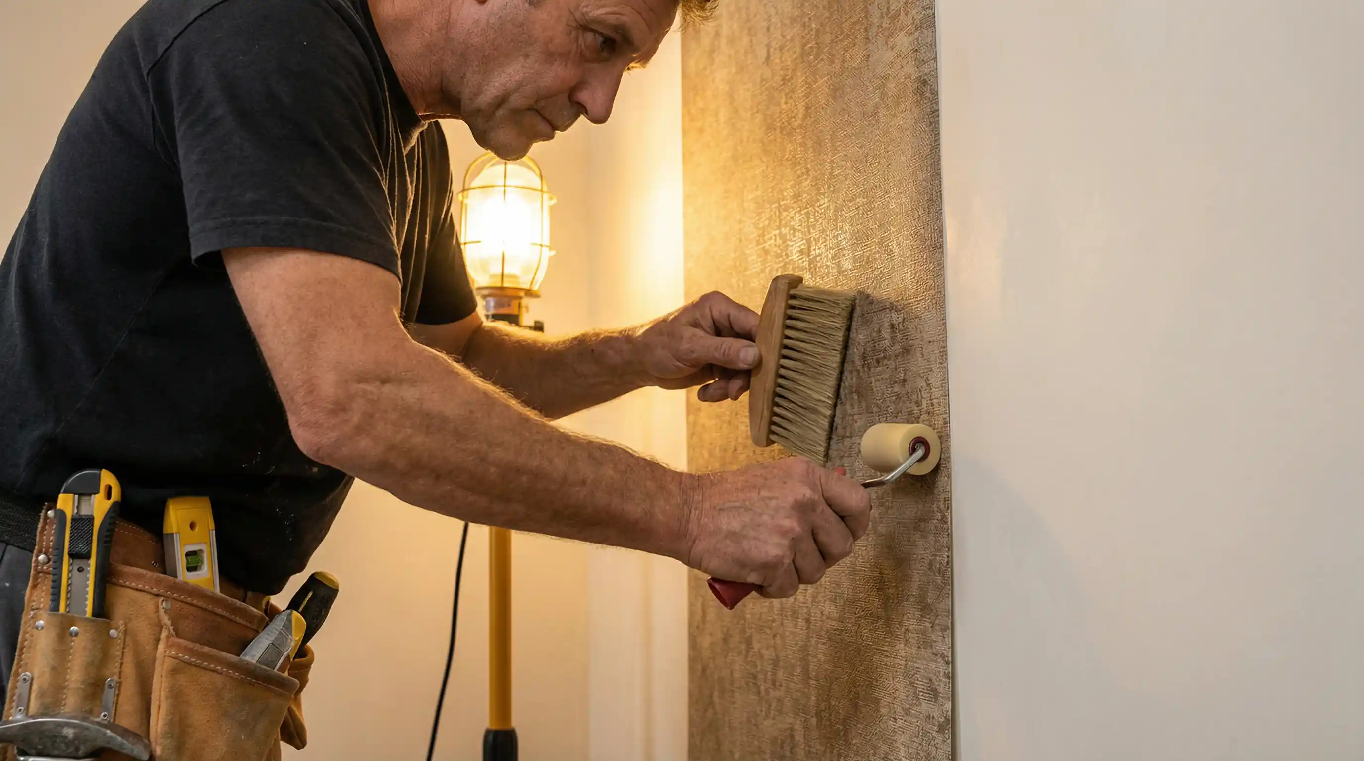 Daniel Serrano installing wallpaper in a San Francisco home
